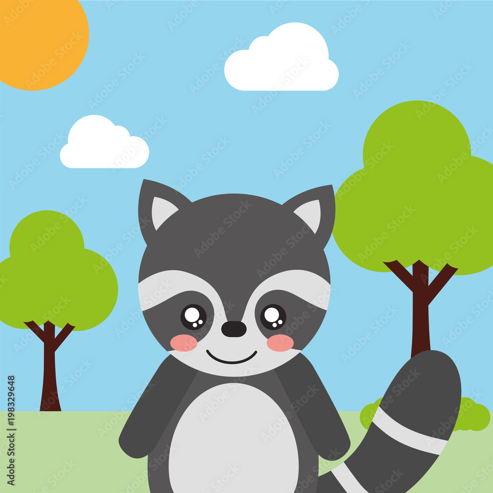 Naklejka premium cute animal raccoon cartoon landscape trees clouds vector illustration