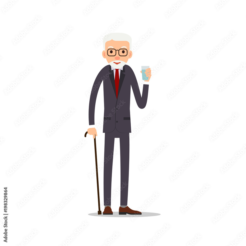 Old man. Elderly man standing and holding a glass of water or a drink in his hand. Cartoon illustration isolated on white background in flat. Full length portrait of old human, senior or grandfather Old man. Elderly man standing and holding a glass of water or a drink in his hand. Cartoon illustration isolated on white background in flat. Full length portrait of old human, senior or grandfather
