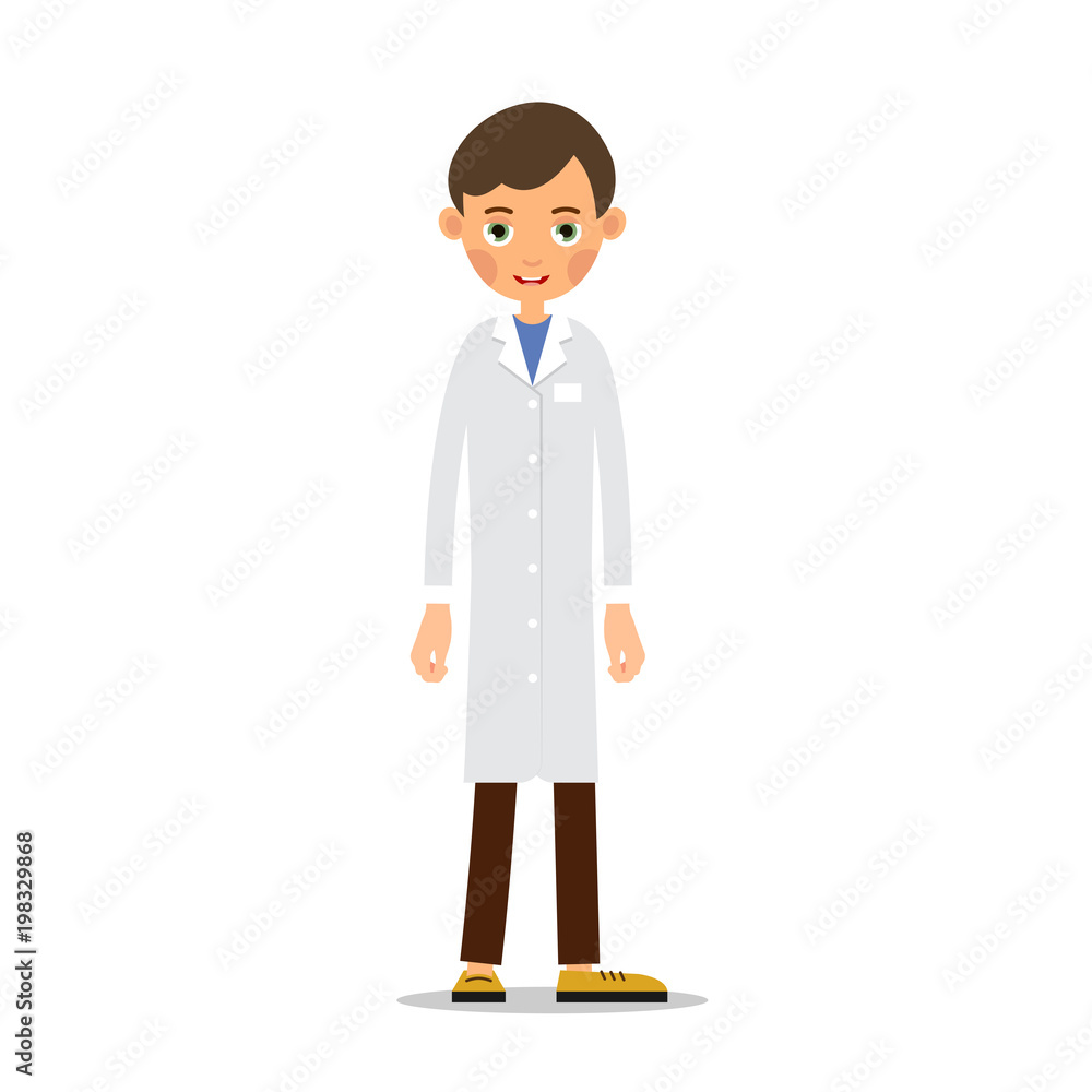 Doctor man. Cartoon male doctor stands with downcast hands. Cartoon illustration isolated on white background in flat style. Full length portrait of doctor man or medical assistant Doctor man. Cartoon male doctor stands with downcast hands. Cartoon illustration isolated on white background in flat style. Full length portrait of doctor man or medical assistant