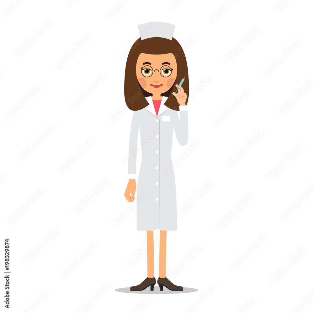Nurse syringe. Female Nurse holding a syringe. In hands of doctor a syringe. Selection cartoon illustration isolated on white background in flat style Nurse syringe. Female Nurse holding a syringe. In hands of doctor a syringe. Selection cartoon illustration isolated on white background in flat style