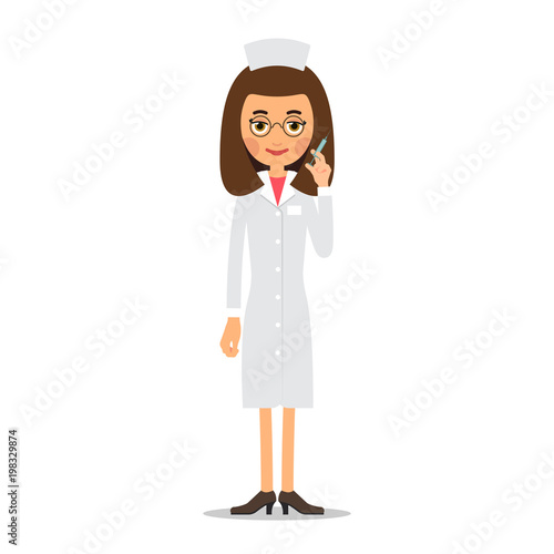 Nurse syringe. Female Nurse holding a syringe. In hands of doctor a syringe. Selection cartoon illustration isolated on white background in flat style