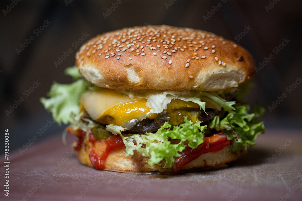 close up of tasty classic burger