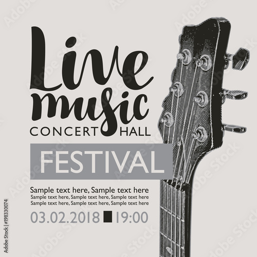 Vector banner for a music festival with the inscription Live music, neck of the guitar and place for text in retro style in grey colors