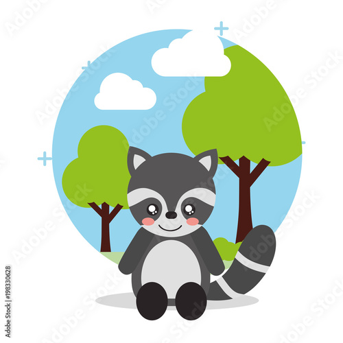 cute raccoon sit with landscape trees natural vector illustration photo
