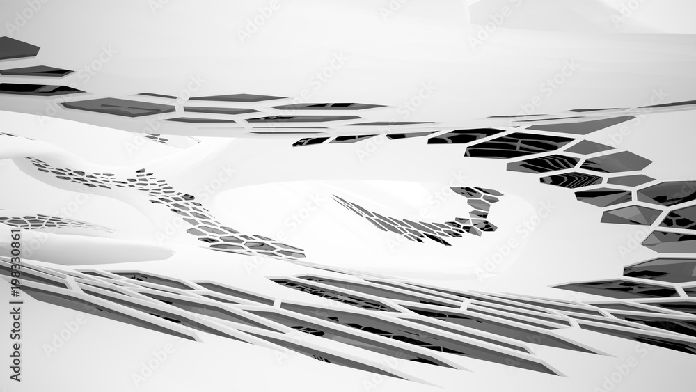 Abstract white and black parametric interior with window. 3D illustration and rendering. Abstract white and black parametric interior with window. 3D illustration and rendering.