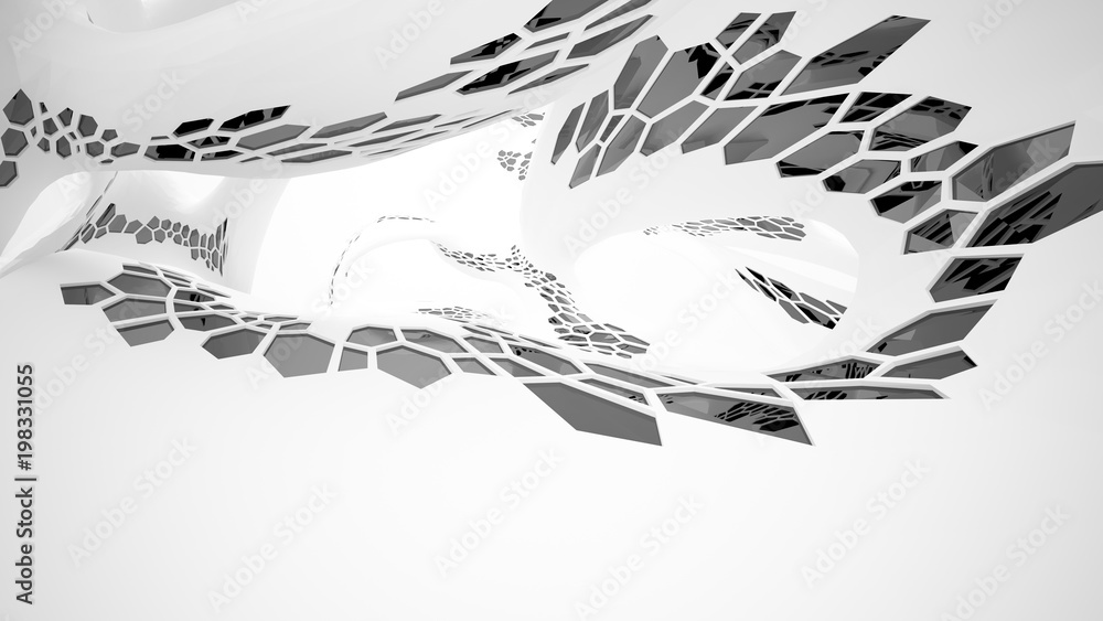 Abstract white and black parametric interior with window. 3D illustration and rendering. Abstract white and black parametric interior with window. 3D illustration and rendering.