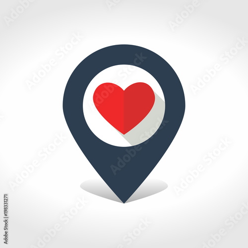 Map pointer with heart inside.