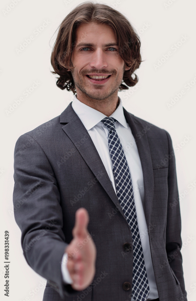 Businessman offering handshake to you on white background Businessman offering handshake to you on white background