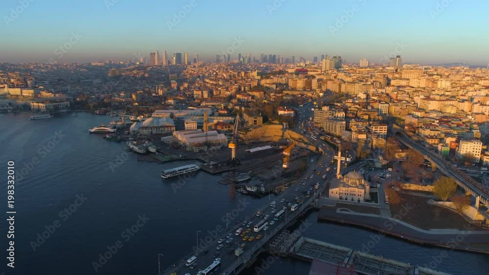 Aerial drone view of the Istanbul, Turkey. Bosphorus Halic bay. Sunny day. Fly over the bridges. Aerial drone view of the Istanbul, Turkey. Bosphorus Halic bay. Sunny day. Fly over the bridges.
