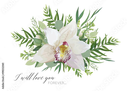 Vector floral greeting card design with elegant bouquet of white pink tropical orchid flower  lilac  eucalyptus green branches  greenery herbs  palm leaves. Romantic editable isolated designer element
