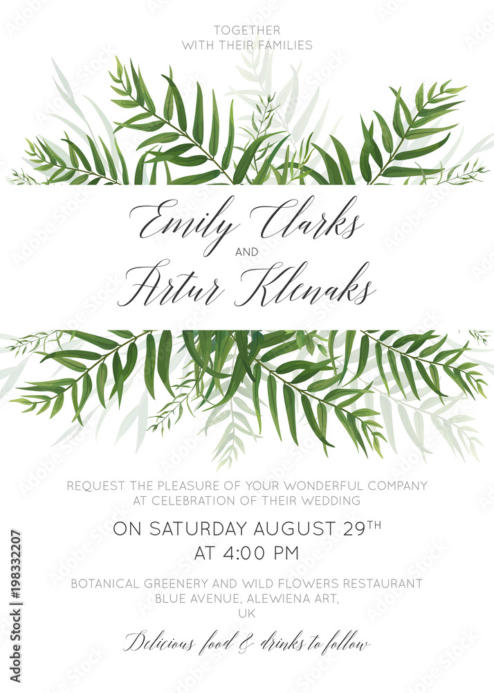 Wedding invitation, invite, save the date card floral design with green tropical forest palm leaves, eucalyptus branches & cute greenery herbal mix border. Beautiful, botanical, woodsy style template