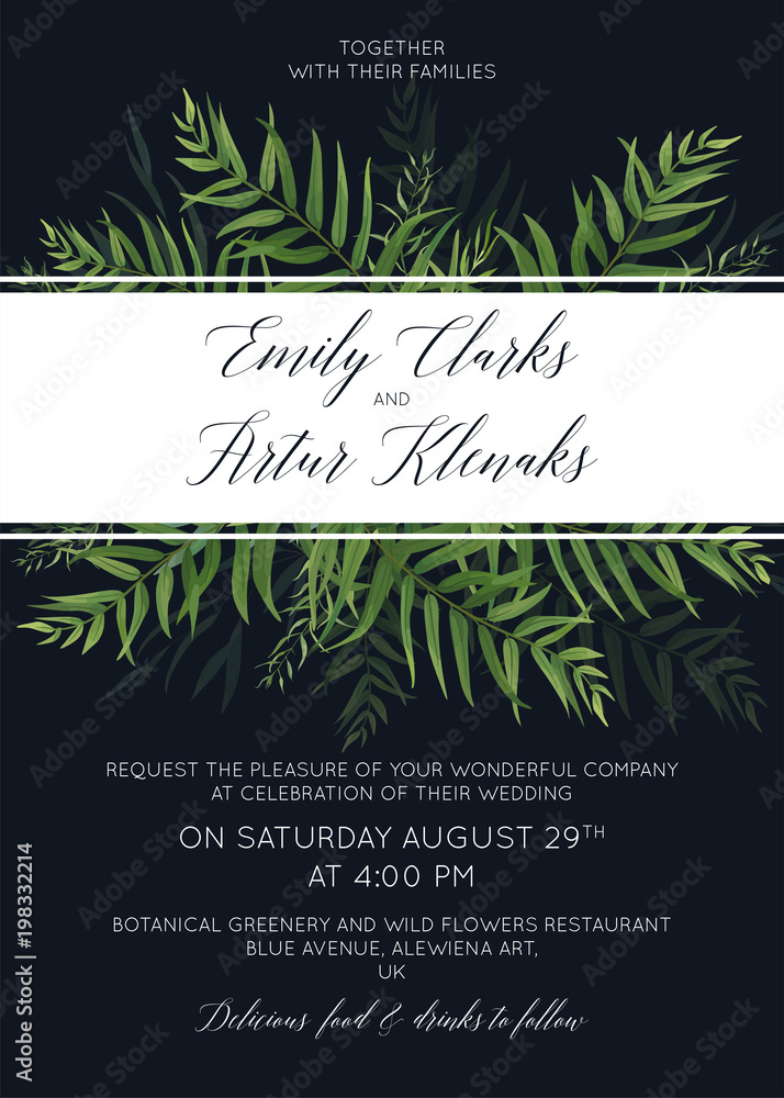 Wedding invitation, invite, save the date card floral design with green tropical forest palm leaves, eucalyptus branches, greenery herbal mix border. Beautiful trendy botanical, template on dark blue