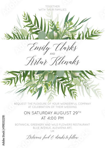 Wedding invitation, invite, save the date card floral design with green tropical forest palm leaves, eucalyptus branches & cute greenery herbal mix border. Beautiful, botanical, woodsy trendy template