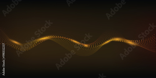 Sparkling dots wave with space for text for banners graphic design.energy line with highlights and dots and light shines by waves on black background.Abstract Gold Waves Design. Shiny golden moving