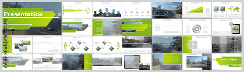 Original presentation templates. Set of green, elements of infographics, white background. Flier, postcard, corporate report, marketing, advertising, banner. Slide show, slide for brochure, booklet