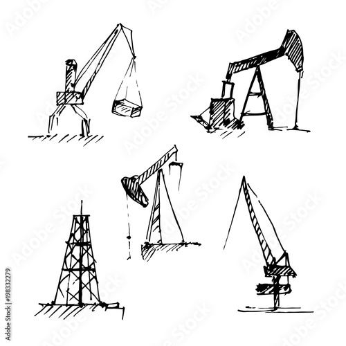 Hand drawn oil pumps and derricks, industrial equipment set. Vector illustration. Sketch.