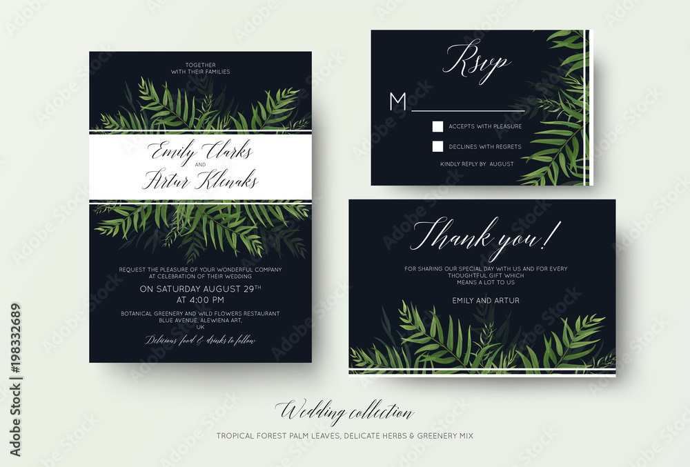 Wedding invitation, rsvp, thank you cards floral design with green tropical forest palm leaves, eucalyptus branches & cute greenery herbal mix decoration on dark blue. Beautiful botanical template set