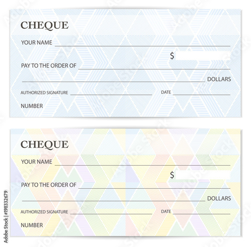 Check (cheque), Chequebook template. Guilloche pattern with abstract watermark, spirograph. Background for banknote, money design, currency, bank note, Voucher, Gift certificate, Coupon, ticket