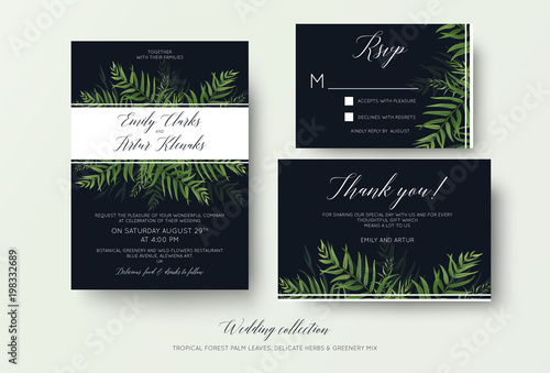 Wedding invitation, rsvp, thank you cards floral design with green tropical forest palm leaves, eucalyptus branches & cute greenery herbal mix decoration on dark blue. Beautiful botanical template set