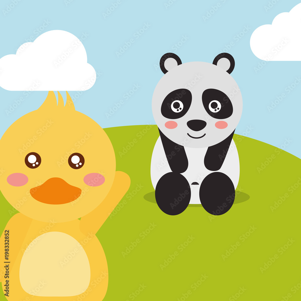 Naklejka premium cute animals panda sitting duck waving hand character vector illustration