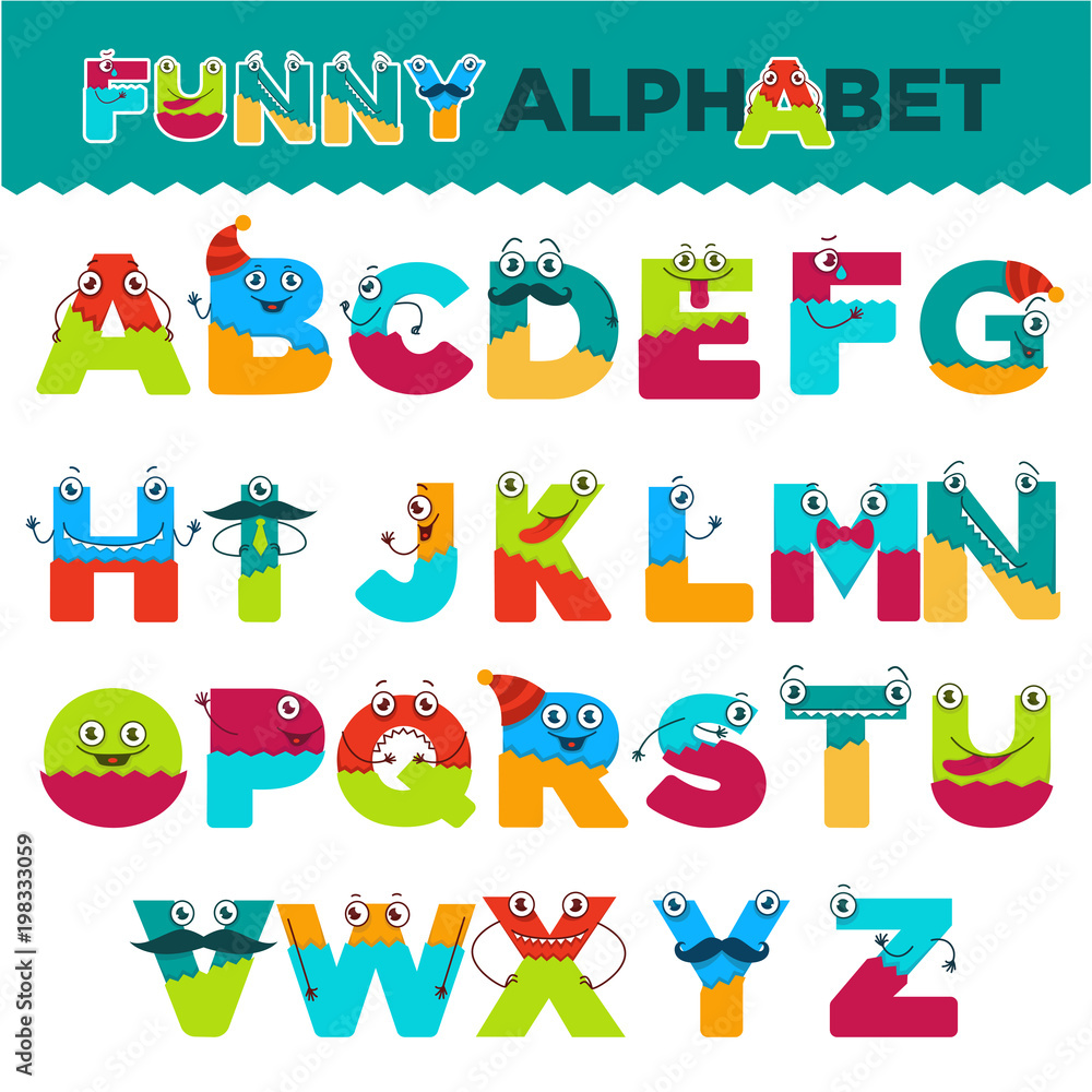 Funny alphabet of cartoon characters vector font letters of comic monster creature faces for kid design