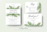 Wedding invitation, rsvp, thank you cards floral design with green tropical forest palm leaves, eucalyptus branches & cute greenery herbal mix decoration. Beautiful botanical woodsy style template set