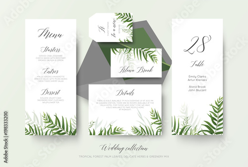 Wedding menu, label, place card, details, table number cards floral design with green tropical forest palm leaves, eucalyptus branches, greenery herbal decoration. Beautiful botanical woodsy style set