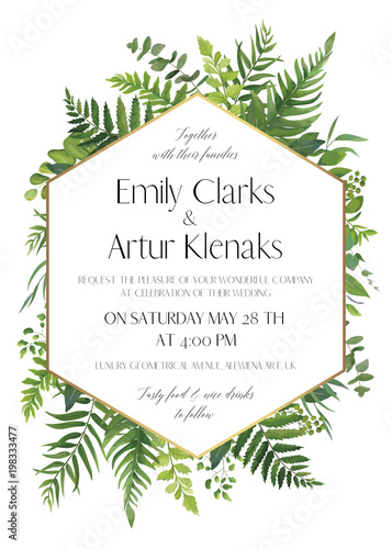 Wedding floral invitation, invite card. Vector modern elegant design with natural botanical green forest fern fronds, eucalyptus, palm leaves & greenery herbs with geometrical golden frame decoration