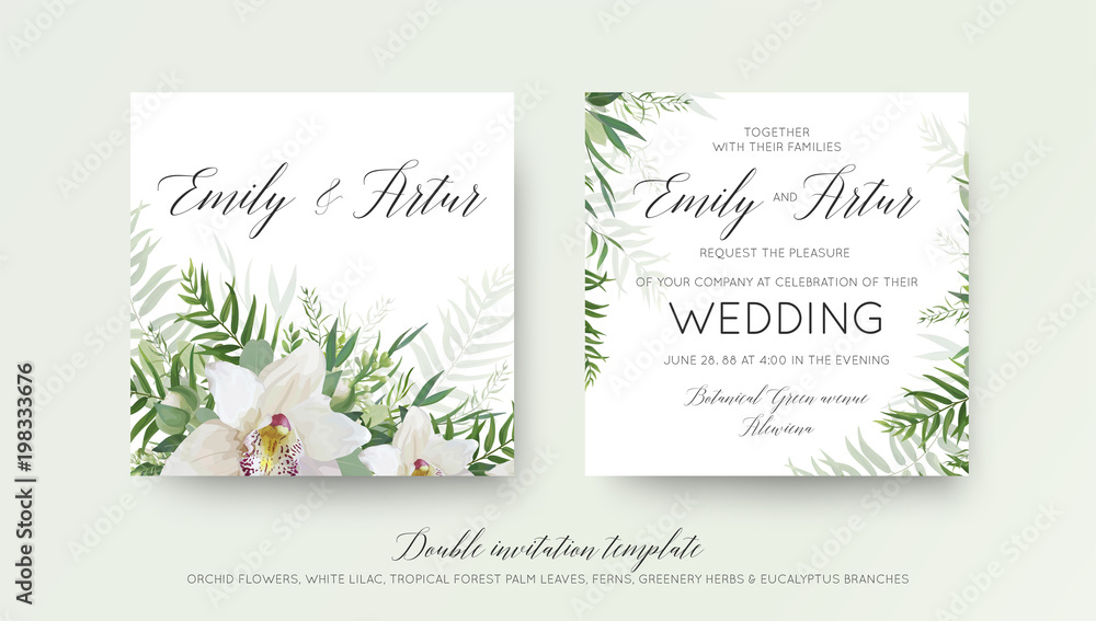 Wedding double invitation, invite card design with elegant white orchid flower, greenery willow eucalyptus branches, tropical forest palm green leaves decoration. Beautiful, trendy vector template set