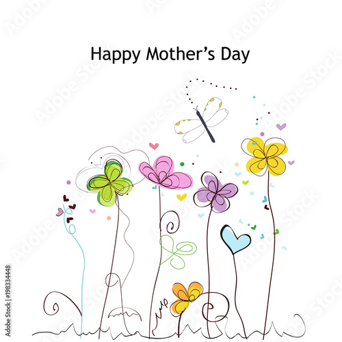 Happy Mother's day greeting card with colorful spring time flowers. Floral doodle greeting card