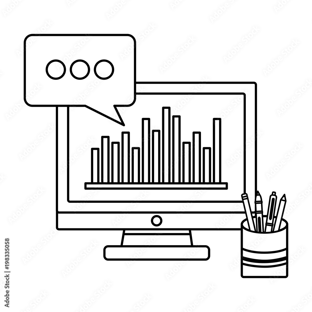 Obraz premium monitor computer tech with statistics and speech bubble vector illustration design