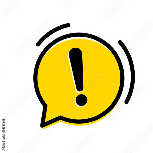 Attention warning exclamation mark icon in vector yellow chat bubble photo