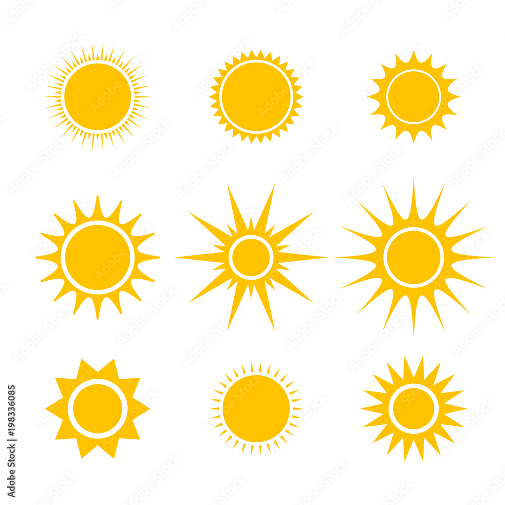 Fototapeta Sun or star cartoon vector icons set for emoji or emoticons elements in smartphone video or messenger chat application template