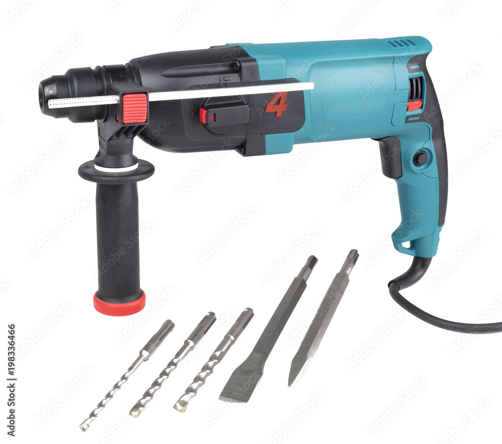 Hand electric drill-puncher, borers, chisel, peak isolated on white background Hand electric drill-puncher, borers, chisel, peak isolated on white background