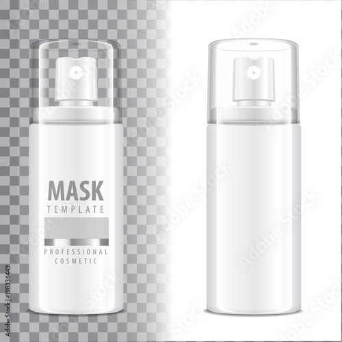 Cosmetic spray bottle. Dispenser for cream, balsam and other cosmetics. With lid and without. Vector Template Mock up Your Design