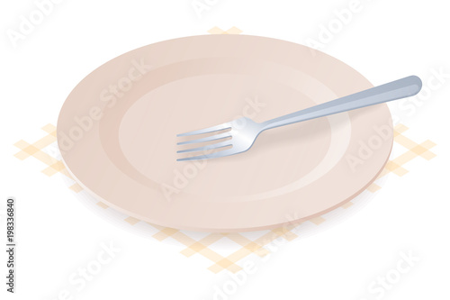 Flat isometric illustration of empty plate with fork. The clean ceramic dish on the napkin. The ingestion, eating, lunch, dinner, food, utensil vector concept isolated on white background.