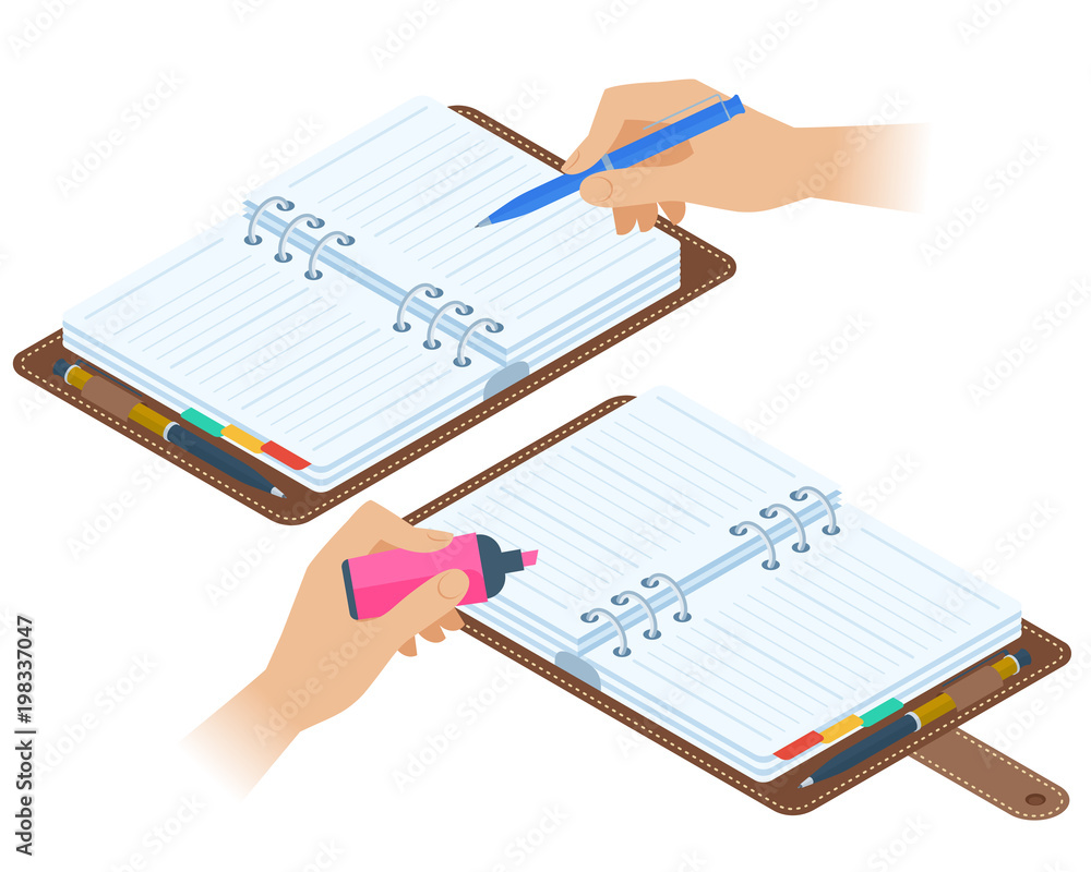 Flat isometric illustration of opened personal planners, hands with pen and highlighter. Office, school vector concept: agenda, writing and highlighting hand. Business, education stationery, supplies. Flat isometric illustration of opened personal planners, hands with pen and highlighter. Office, school vector concept: agenda, writing and highlighting hand. Business, education stationery, supplies.