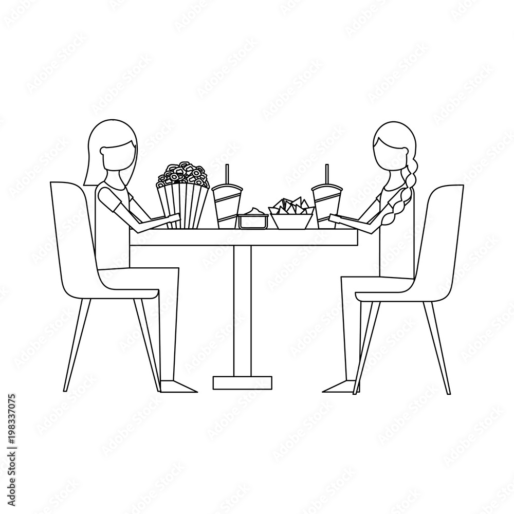 couple eating pop corn and soda in table vector illustration design