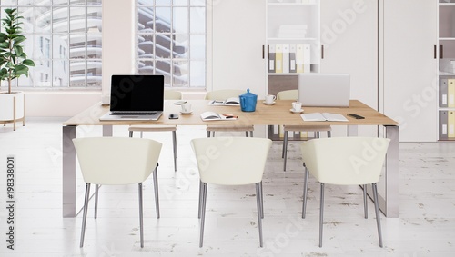 Office interior  chairs and wood table. Meeting room 3d illustration