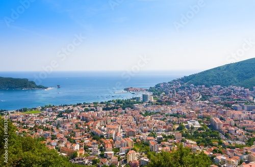 Top view of the town of Budva with high mountains. Montenegro