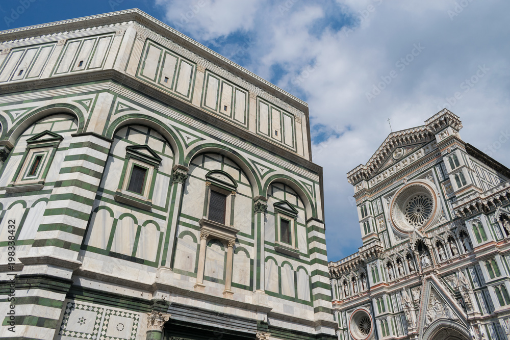 Duomo Firence. Facade and campanile of Duomo and the magnificent dome of Brunelleschi in Florence, Italy