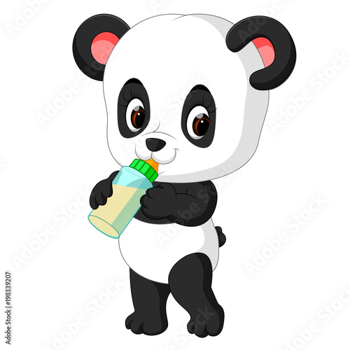 Fototapeta Naklejka Na Ścianę i Meble -  cute baby panda holding milk bottle