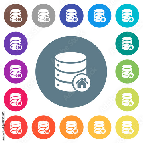Default database flat white icons on round color backgrounds
