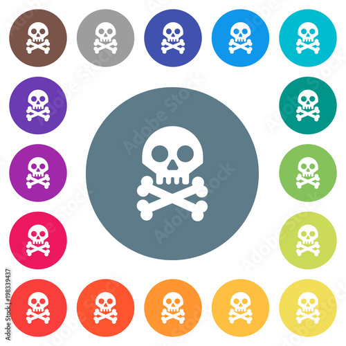 Skull with bones flat white icons on round color backgrounds
