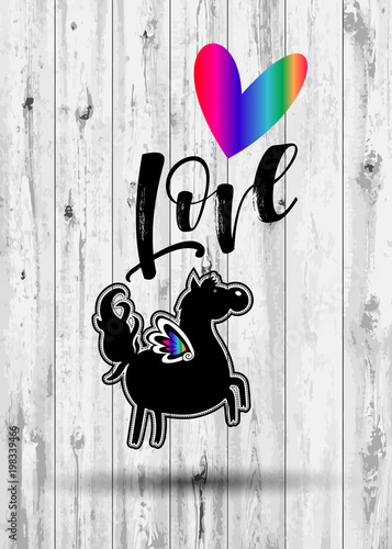 Plakat Ikona wektor jednorożca. Ślicznej magicznej kreskówki fantazi śliczny zwierzę. Tęczowe włosy. Symbol marzeń. Projekt dla dzieci