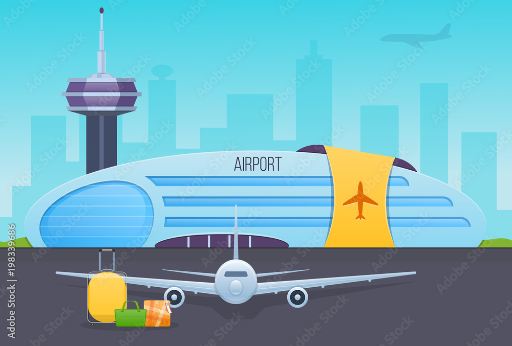 Airport, runway with airplanes. Unloading passenger luggage, suitcases from cabin.