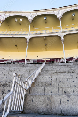 Empty stand of the Las Ventas Bullring (Plaza de Toros de Las Ventas) in the Guindalera quarter of the district of Salamanca and home of bullfighting in Madrid, Spain photo