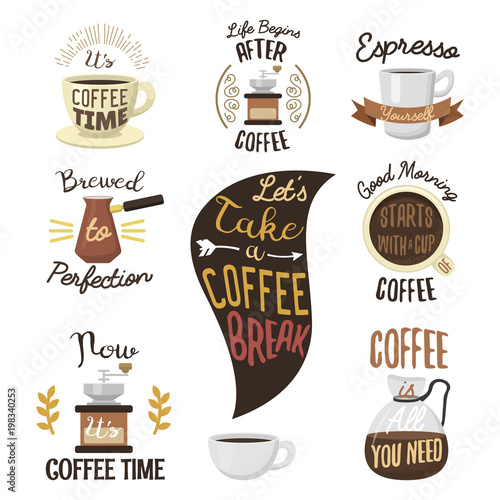 Vintage vector coffeeshop logo text labels and coffee drink love quote ribbon logo coffeebeans badges calligraphy break typography lettering