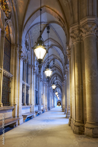 Arched passage in front of the City Hall (Rathaus) in Vienna, Austria