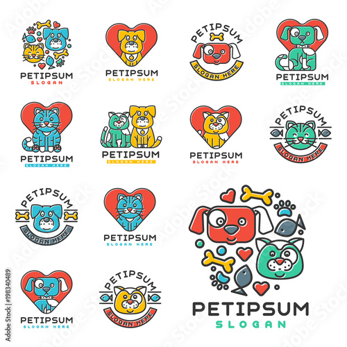 Pet cat and dog vector domestic insignia silhouette veterinary medical refuge shelter center for homeless pets animal element.